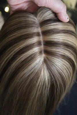 Toupet Damen Toupee Topper Clip In Haarteil braunblond Strähnchen glatt Echthaar - Bild 1 von 4