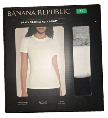 Paquete de 3 camisetas Banana Republic acanaladas cuello redondo para mujer talla XL gris/blanco/negro Foto 1 de 4