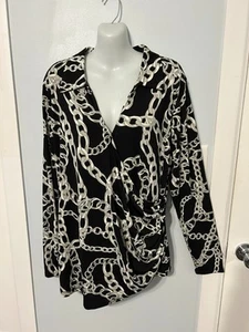 NWT I.N.C. Black Kari Combo Wrap V-Neck LS Blouse with Chain Print Plus Size 2X - Picture 1 of 5