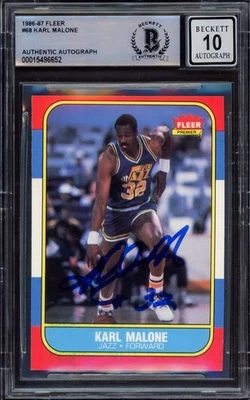 Karl Malone Signed 1986-87 Fleer RC 68 Utah Jazz Auto GM 10 Beckett #15496652 - Image 1 of 2