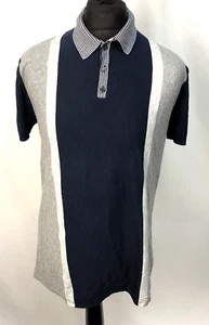 Ben Sherman Men's Navy Blue Grey Knit Stripe Retro Mod Cotton Polo Shirt Size L - Picture 1 of 8