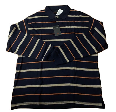 Pierre Cardin Para Hombres Algodón Tejido Cuello Botón Polo Azul Rayas Manga Larga Nuevo XL Foto 1 de 4