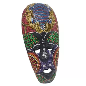 African Mask Dot Wooden Tribal Turtle Hand Carved Painting Wall Hanging Folk Art - Picture 1 of 12