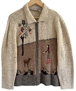 TanJay Petite Knit Sweater Cardigan Full Zip Collar Embroidered Appliqué Sz PL - Picture 1 of 7