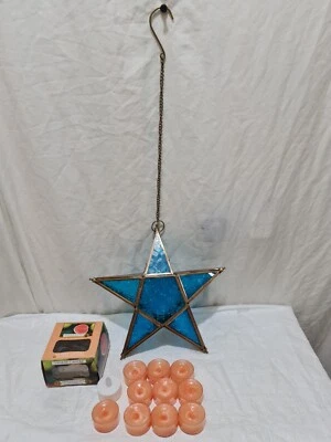 Vintage Style blue  Star Hanging Tea Light+ yankee  Candles Lantern Holder 10" - Image 1 of 4