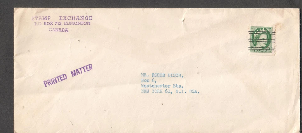Canadá finales de 1950 material impreso precancelado cubierta intercambio de estampillas Edmonton a Nueva York Foto 1 de 1