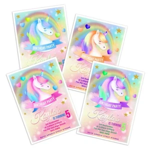 PERSONALISED BIRTHDAY PARTY INVITATION UNICORN RAINBOW THEME KIDS ANY AGE - Picture 1 of 9