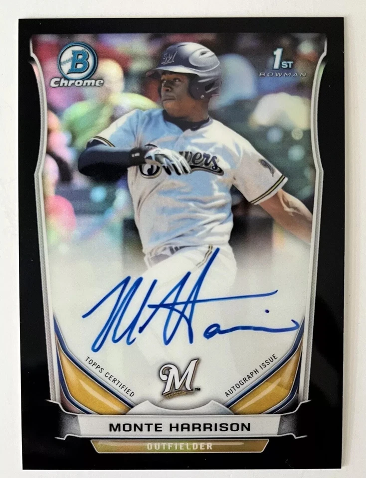 Monte Harrison Brewers 2014 Bowman Chrome Black Refractor #01/35 Auto Razorbacks - Image 1 of 2