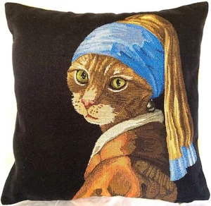 CAT WITH THE PEARL EARRING BELGIAN TAPESTRY CUSHION COVER, ZIP 18", 47CM, 03038 - Picture 1 of 7