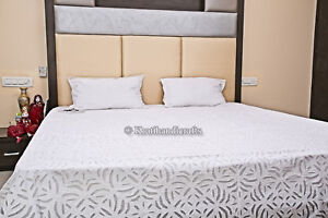 White Organza Bedspread Etnic Applique Cut Work Blanket King Size Bedding Quilt