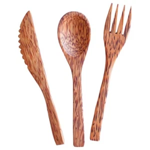 Coconut Wood Cutlery - Set of Spoon, Fork and Knife Eco-Friendly Natural Brown - Picture 1 of 3