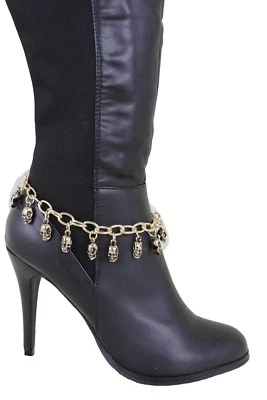 Mujer Color Dorado Metal Cadena Bota Pulsera Zapato Occidental Dije Calavera Bling Tobillera Foto 1 de 4