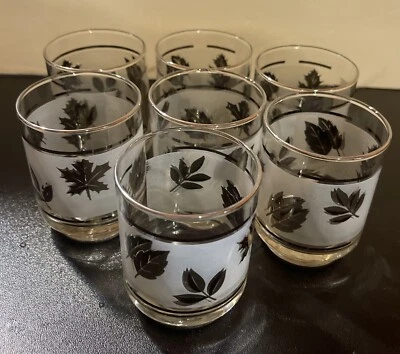 Vintage MCM Libbey Frosted Silver Leaf Juice Glasses Set Of 7 Glasses. 4oz - Image 1 of 4
