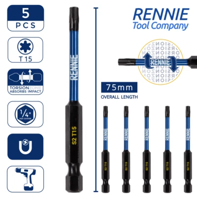 5 x T15 Torx 75mm Long Magnetic Impact Duty Screwdriver Drill Driver Bits TX15 - Image 1 of 4