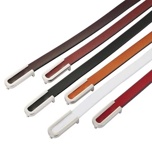 Women Genuine Leather Skinny Slim Belt Waistband Silver Chrome Alloy Buckle 4-8 - Picture 1 of 54