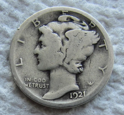 1921-D Mercury Winged Liberty Silver Dime Rare Key Date Denver Full Date Good Cover
