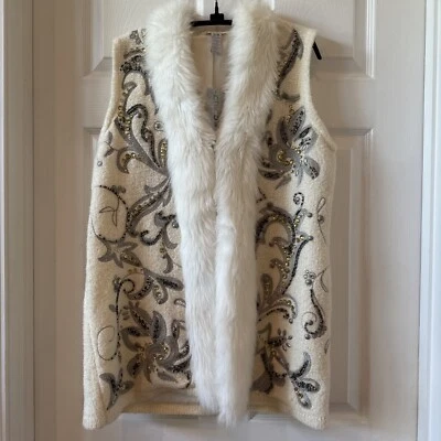 Chico’s Ivory Vest Embellished Embroidered Crystals S/M Faux Fur NWT Stunning! - Image 1 of 4