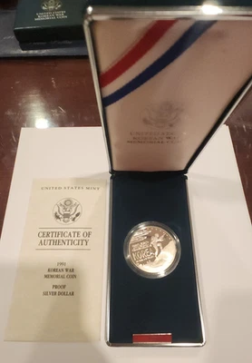 1991 US Mint Korean War Memorial Commemorative Proof Silver Dollar Coin OGP COA - Image 1 of 4