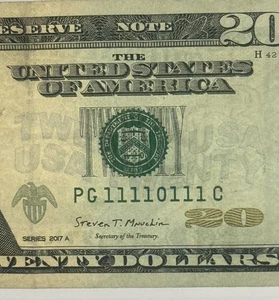 7 of a Kind 1’s Fancy Serial Number (PG11110111) True Binary $20 Bill Note 2017A - Picture 1 of 8
