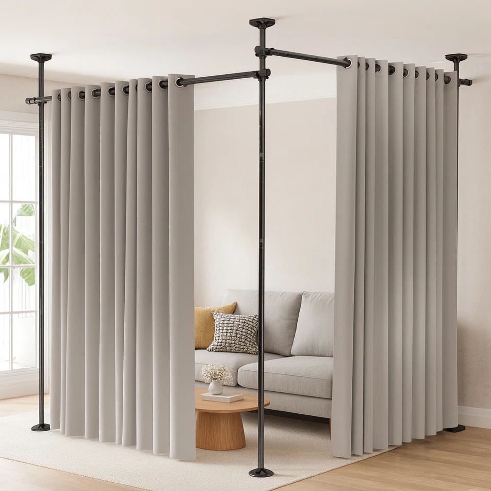 Room Divider张力窗帘杆无钻孔4-10英尺高度可调节黑色 — 第 1/1 张图片