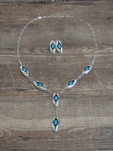 Native American Sterling Silver & Blue Opal Link Necklace Set by Perry - Picture 1 of 12