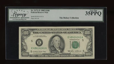 DBR 1985 $100 FRN Richmond Fr. 2171-E Legacy 35 PPQ Serial E49414141A - Image 1 of 2
