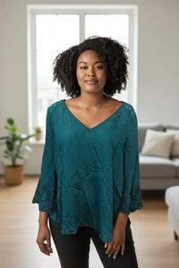 Fig & Flower S Popover Bluse Spitze Ösen grün 3/4 Ärmel. A-3 - Bild 1 von 12