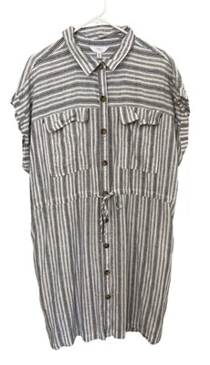 Vestido Mezcla Lino XXXL Bolsillo Abotonado Rayas Playa Costero Boho Foto 1 de 4