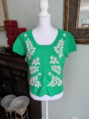 Cárdigan suéter top INC para mujer grande verde manga corta blanco adornado con cuentas Foto 1 de 4