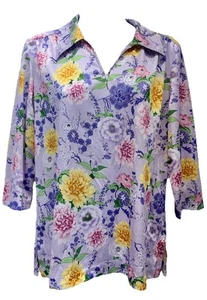 Haband! Women Size M VTG Pullover 3/4 Sleeve V-Neck Top Lavender Floral Print - Picture 1 of 8