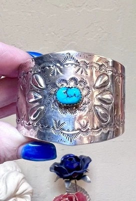 GORGEOUS Vintage Native American Sterling Silver & Turquoise Stampwork Hair Clip - image 1 of 4