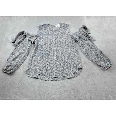 Blusa túnica Robert Rodriguez Top para mujer 0 azul floral hombro frío 100 % seda Foto 1 de 4