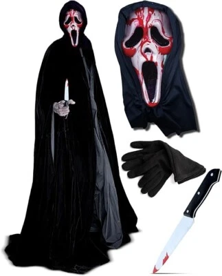 Adult Screamer Halloween Ghoul Bleeding Ghost Scream Mask Cape Knife Gloves Set - Image 1 of 4