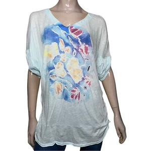 T-Shirt Free People S hellblau Blumenmuster Aquarell übergroß Puffärmel V-Ausschnitt - Bild 1 von 7