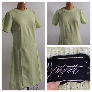 vtg 60s WYNETTE Green Mod Drop Waist Retro Poly Shift Scooter Dress Secretary M - Picture 1 of 8