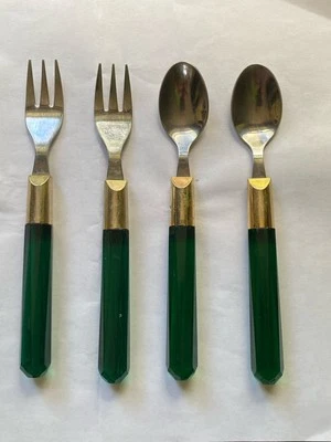 Vintage Green Handle Stainless Flatware Cocktail Spoons And Forks (2) Taiwan - Image 1 of 4