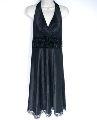 Платье женское OC by OC 10 черное атласное с бретелью через шею сзади V-образным вырезом с бисером на подкладке - Изображение 1 из 4