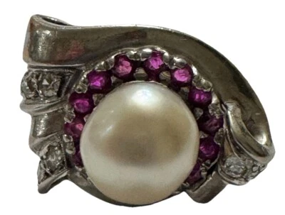 RETRO 14K WG PALLADIUM PEARL RUBY MINE CUT DIAMOND COCKTAIL RING SZ 7.5 10 GRAMS - Image 1 of 4