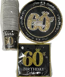 60th Birthday Party Supplies Serveware Decor Black & Gold 30 Plates Napkins Cups - Picture 1 of 7