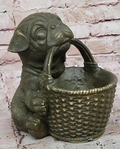 Bronze Pug Puppy Holding Woven Basket – Dog Figurine Sculpture - Picture 1 of 10