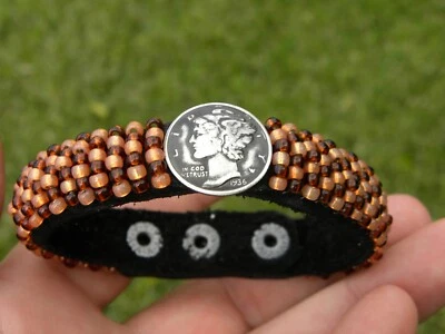 Bracelet authentic 1936 Mercury dime coin cuff Bison leather for 6.5 " wrist siz - Image 1 of 3