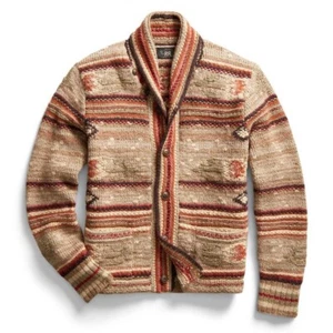 RRL Ralph Lauren Southwestern Wool Linen Blend Hand Knit Cardigan-MEN- M - Picture 1 of 5