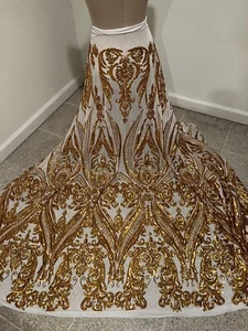 Gold White 4way stretch sequin Lace fabric 50” Width Sold By The Yard - Picture 1 of 5