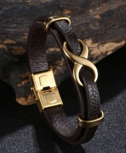 MEN'S Infinity Gold/Black Stylish Bracelet Leather AUST STOCK-FAST POST - Picture 1 of 3