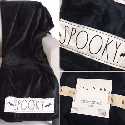 Rae Dunn Halloween SPOOKY Bat Black Fleece Throw Blanket Embroidered Patch 50x70 - Image 1 of 4