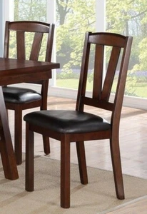Walnut V Shape Design Back Upholstered Padded Seat Finish Dining Chair Set of 2 - Picture 1 of 2