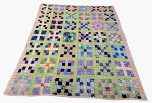 1930s Quilt Hand Pieced & Quilted Cotton Well Used 4-Patch Blocks 72” X 65” - Picture 1 of 16