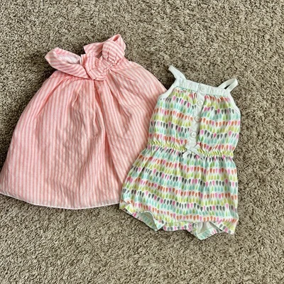 Newborn Baby Girl Spring Outfit Bundle – Pink Dress & Colorful Romper - Image 1 of 4