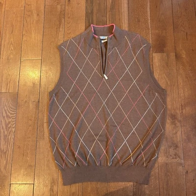 Mens Peter Millar Luxury Blend 1/2 Zip Sweater Vest Cashmere Brown Pink Argyle M - Image 1 of 4