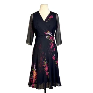 Coldwater Creek Black Pink Floral Vintage Silk Beaded Faux Wrap Dress Size P6 - Picture 1 of 8